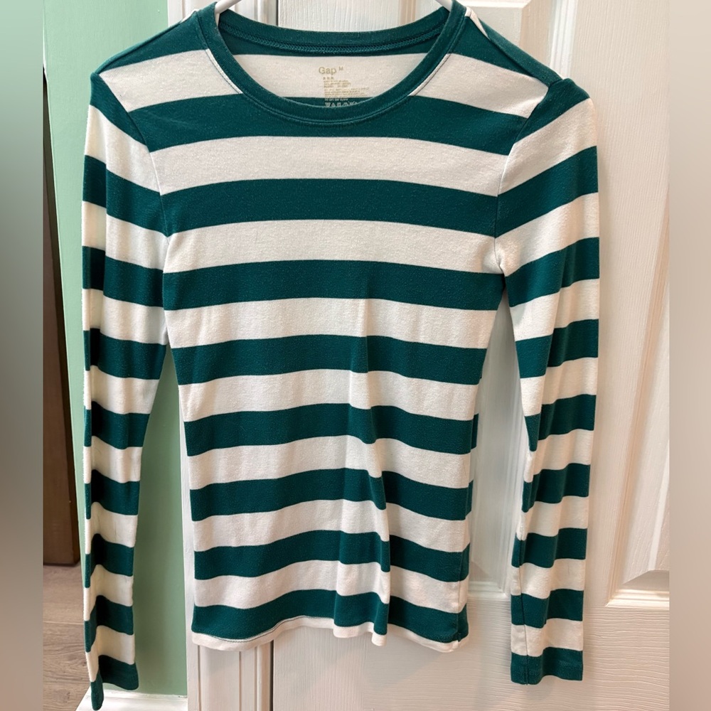 GAP Teal and White Striped Crew Neck Shirt